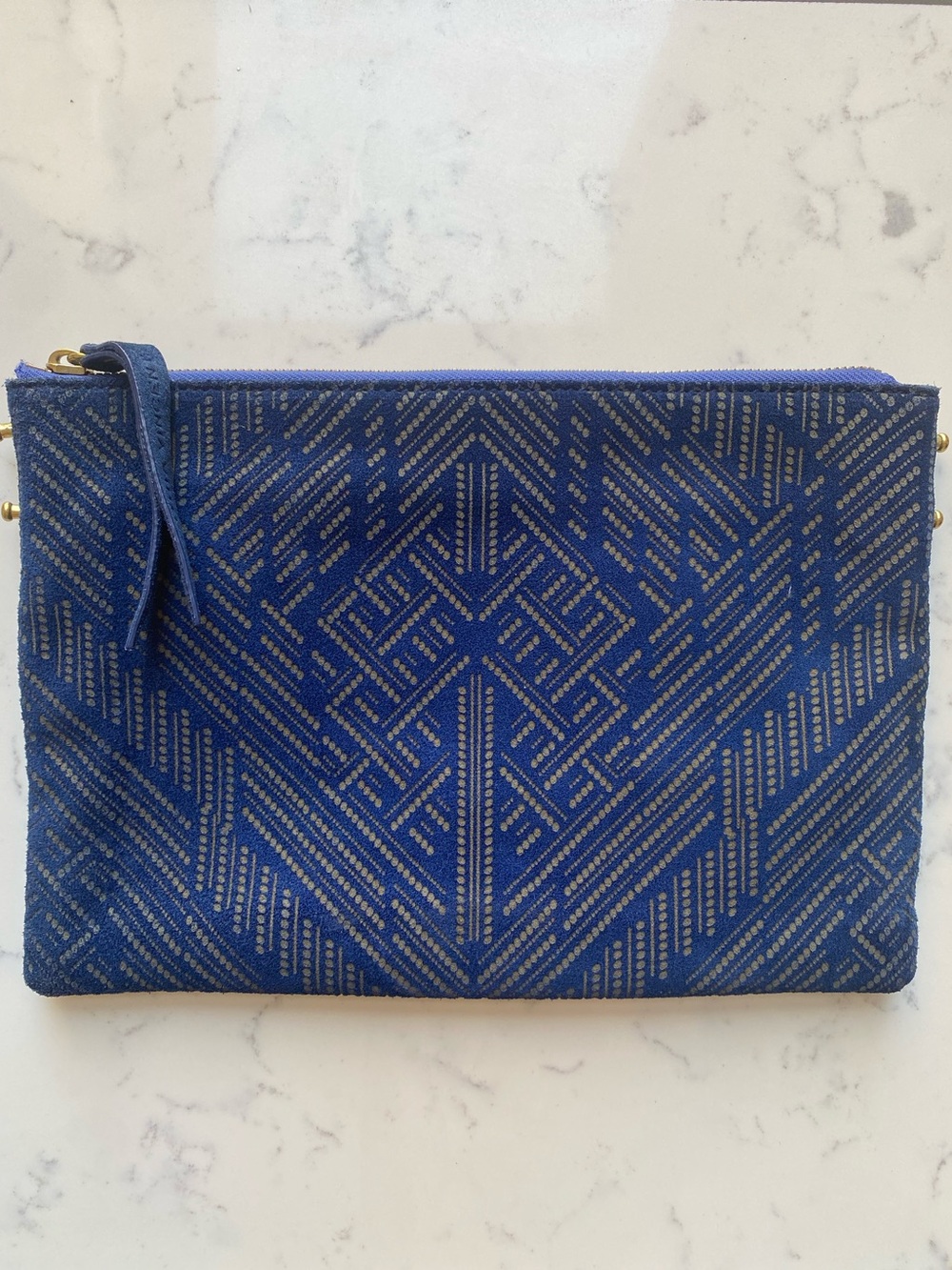 Cynthia Vincent Blue Suede Convertible Bag with Gold Geometric Pattern